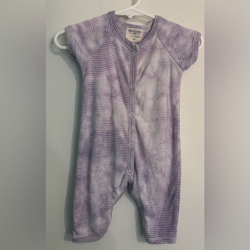 Paige Lauren Baby Sz 0-3 Months‎ Purple White Stripes Romper Made in LA Organic